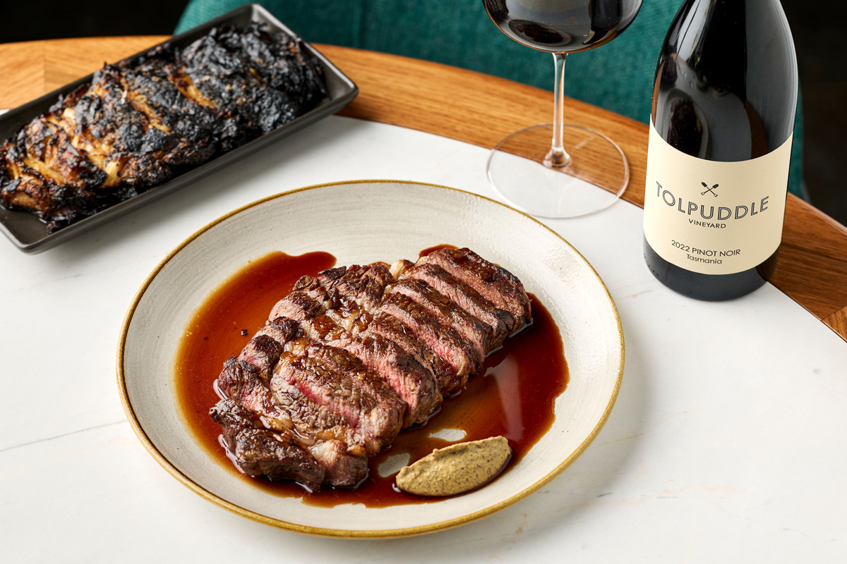 Locally grown S.Kidman premium ribeye with pinot jus and mustard. Cloudland Garden Restaurant, Fortitude Valley, Brisbane.